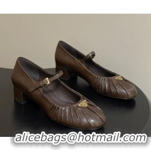 Best Price Prada Pleated Leather Mary Janes Pumps 4cm Chocolate Brown PR022701 0227098