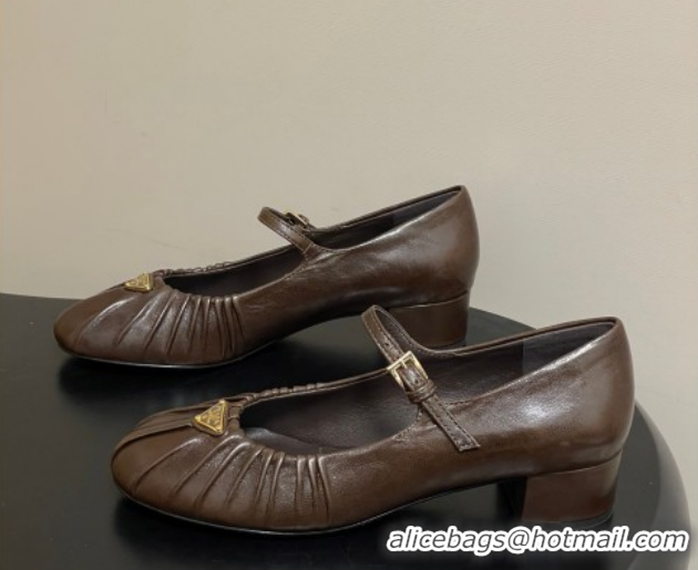 Best Price Prada Pleated Leather Mary Janes Pumps 4cm Chocolate Brown PR022701 0227098