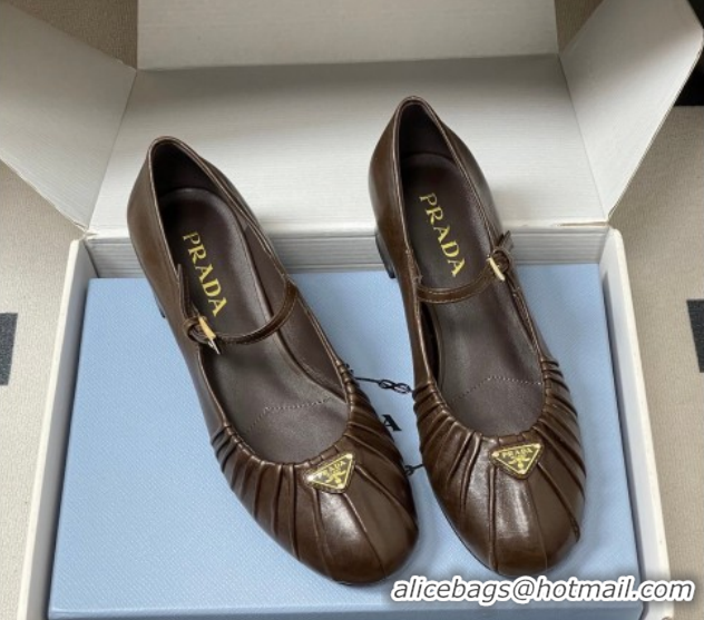 Best Price Prada Pleated Leather Mary Janes Pumps 4cm Chocolate Brown PR022701 0227098