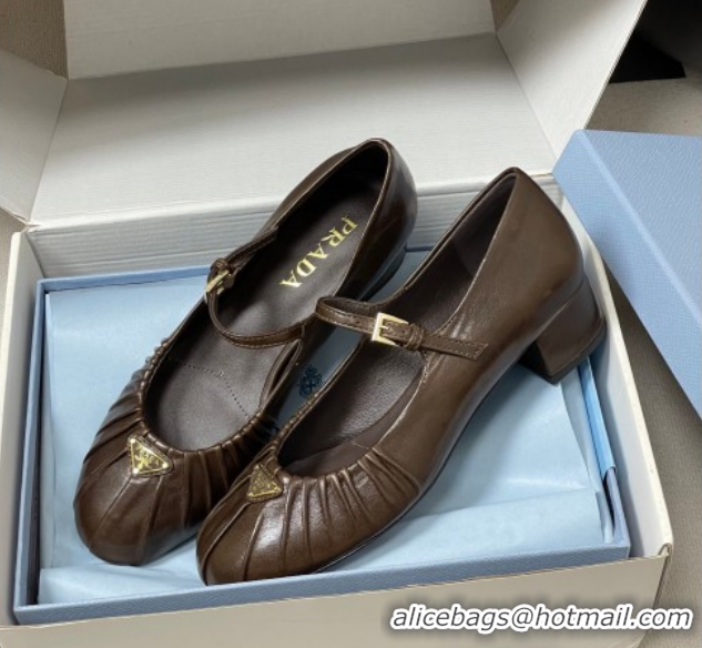 Best Price Prada Pleated Leather Mary Janes Pumps 4cm Chocolate Brown PR022701 0227098
