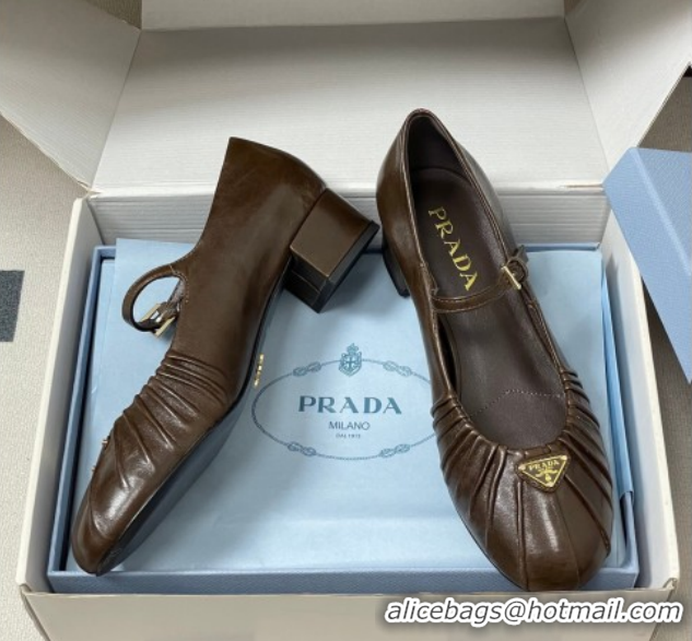 Best Price Prada Pleated Leather Mary Janes Pumps 4cm Chocolate Brown PR022701 0227098