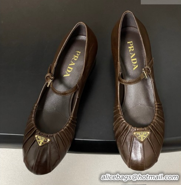 Best Price Prada Pleated Leather Mary Janes Pumps 4cm Chocolate Brown PR022701 0227098