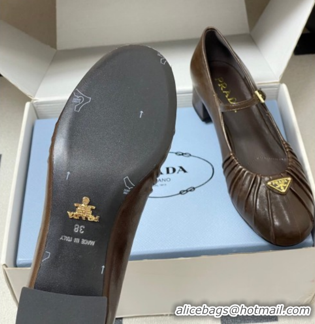 Best Price Prada Pleated Leather Mary Janes Pumps 4cm Chocolate Brown PR022701 0227098
