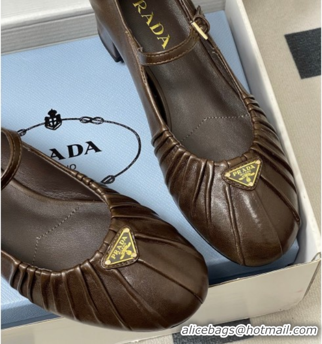 Best Price Prada Pleated Leather Mary Janes Pumps 4cm Chocolate Brown PR022701 0227098