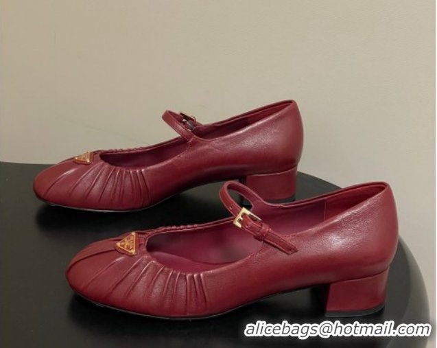 Good Product Prada Pleated Leather Mary Janes Pumps 4cm Red PR022701 0227099