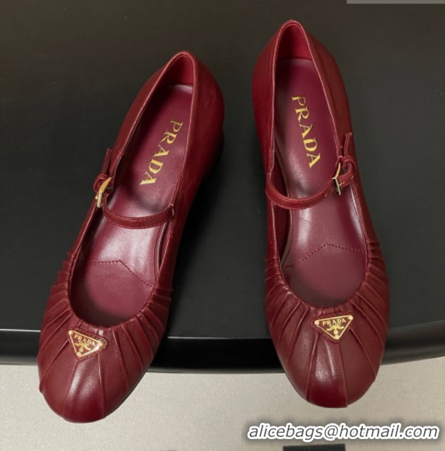Good Product Prada Pleated Leather Mary Janes Pumps 4cm Red PR022701 0227099
