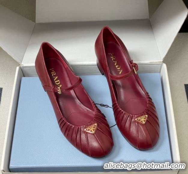 Good Product Prada Pleated Leather Mary Janes Pumps 4cm Red PR022701 0227099