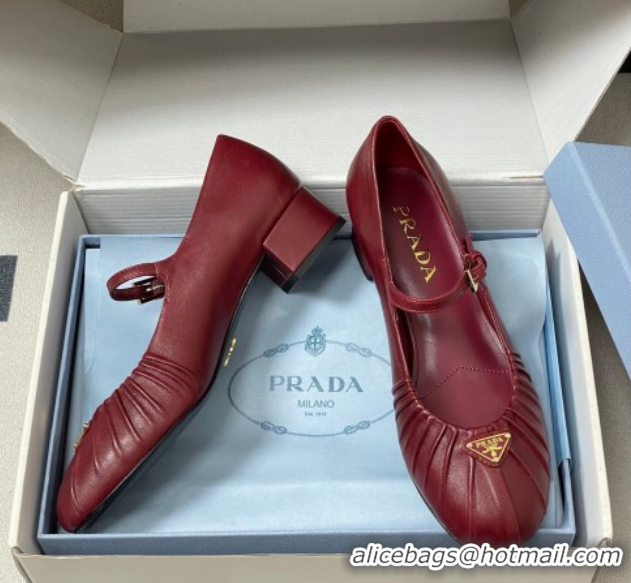 Good Product Prada Pleated Leather Mary Janes Pumps 4cm Red PR022701 0227099
