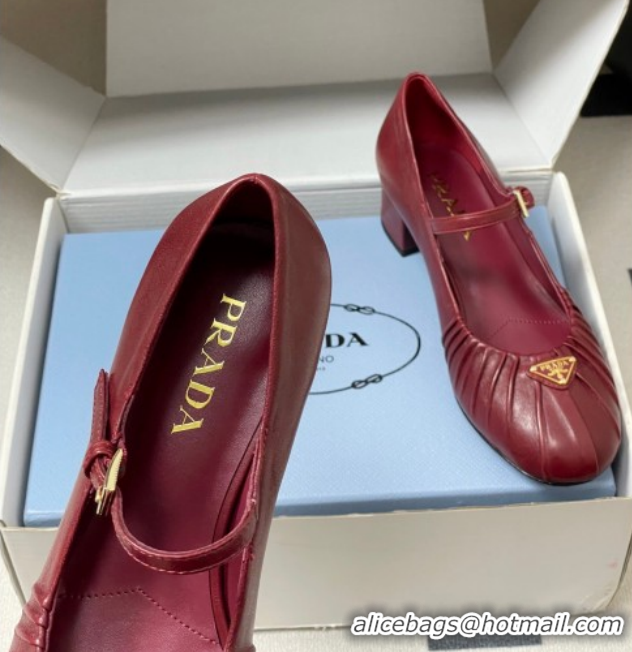 Good Product Prada Pleated Leather Mary Janes Pumps 4cm Red PR022701 0227099