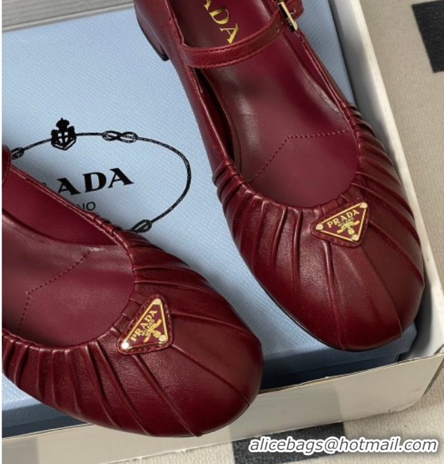 Good Product Prada Pleated Leather Mary Janes Pumps 4cm Red PR022701 0227099