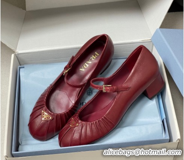 Good Product Prada Pleated Leather Mary Janes Pumps 4cm Red PR022701 0227099
