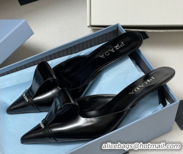 Discount Prada Brushed Leather Heel Mules 5cm Black PR022702 0227101