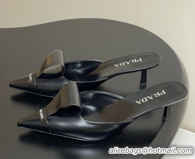 Discount Prada Brushed Leather Heel Mules 5cm Black PR022702 0227101
