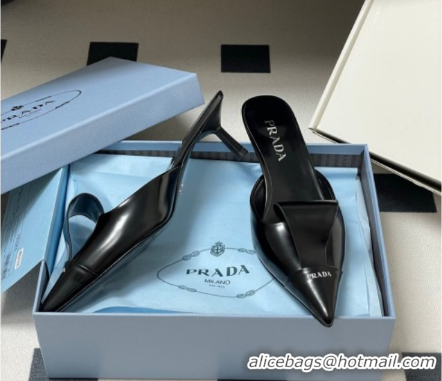 Discount Prada Brushed Leather Heel Mules 5cm Black PR022702 0227101