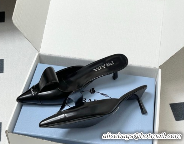 Discount Prada Brushed Leather Heel Mules 5cm Black PR022702 0227101