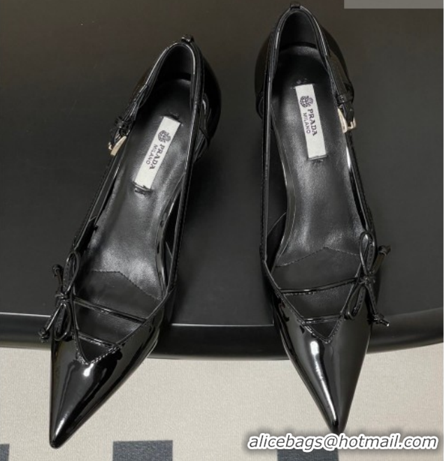 Buy Fashionable Prada Open-side Patent Leather Pumps 5.5cm with Bow Buckle Black 1I442O 0227102