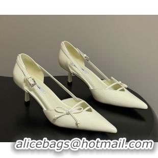 Charming Prada Open-side Patent Leather Pumps 5.5cm with Bow Buckle Cream Yellow 1I442O 0227103