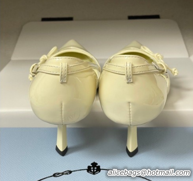 Charming Prada Open-side Patent Leather Pumps 5.5cm with Bow Buckle Cream Yellow 1I442O 0227103