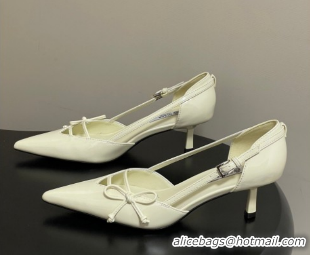 Charming Prada Open-side Patent Leather Pumps 5.5cm with Bow Buckle Cream Yellow 1I442O 0227103