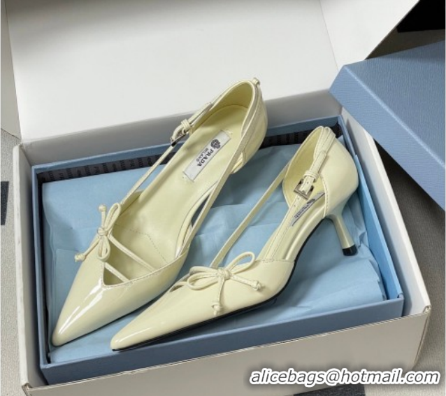 Charming Prada Open-side Patent Leather Pumps 5.5cm with Bow Buckle Cream Yellow 1I442O 0227103