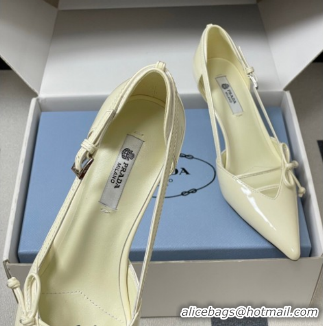 Charming Prada Open-side Patent Leather Pumps 5.5cm with Bow Buckle Cream Yellow 1I442O 0227103