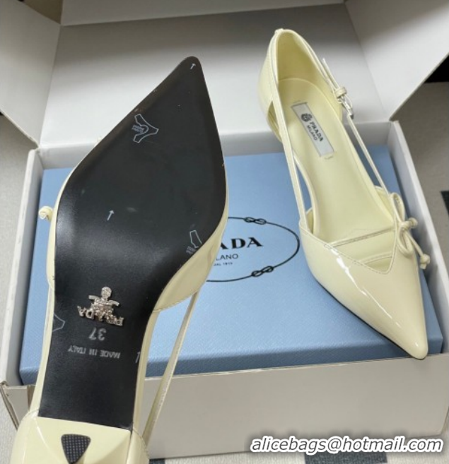 Charming Prada Open-side Patent Leather Pumps 5.5cm with Bow Buckle Cream Yellow 1I442O 0227103