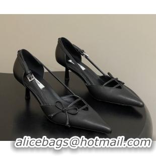 Sophisticated Prada Open-side Calf Leather Pumps 5.5cm with Bow Buckle Black 1I442O 0227104
