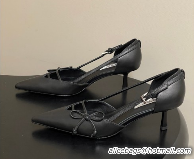 Sophisticated Prada Open-side Calf Leather Pumps 5.5cm with Bow Buckle Black 1I442O 0227104