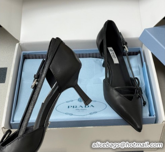 Sophisticated Prada Open-side Calf Leather Pumps 5.5cm with Bow Buckle Black 1I442O 0227104