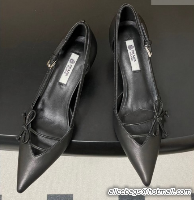 Sophisticated Prada Open-side Calf Leather Pumps 5.5cm with Bow Buckle Black 1I442O 0227104