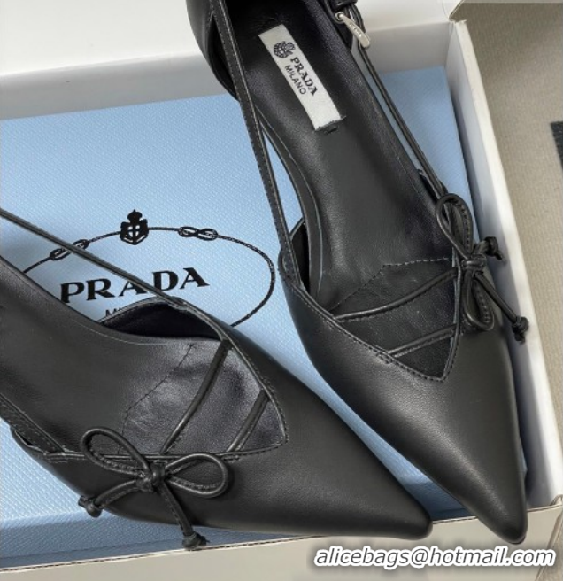 Sophisticated Prada Open-side Calf Leather Pumps 5.5cm with Bow Buckle Black 1I442O 0227104