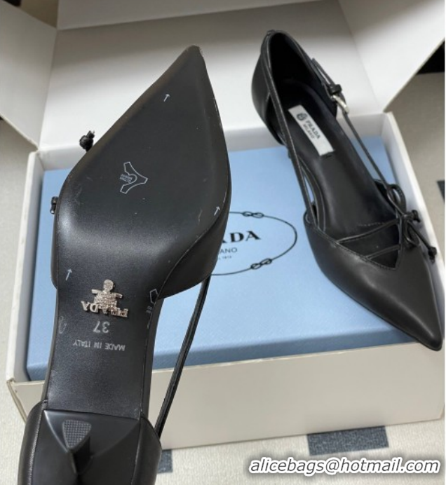 Sophisticated Prada Open-side Calf Leather Pumps 5.5cm with Bow Buckle Black 1I442O 0227104
