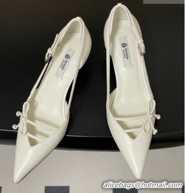 Purchase Prada Open-side Calf Leather Pumps 5.5cm with Bow Buckle White 1I442O 0227105