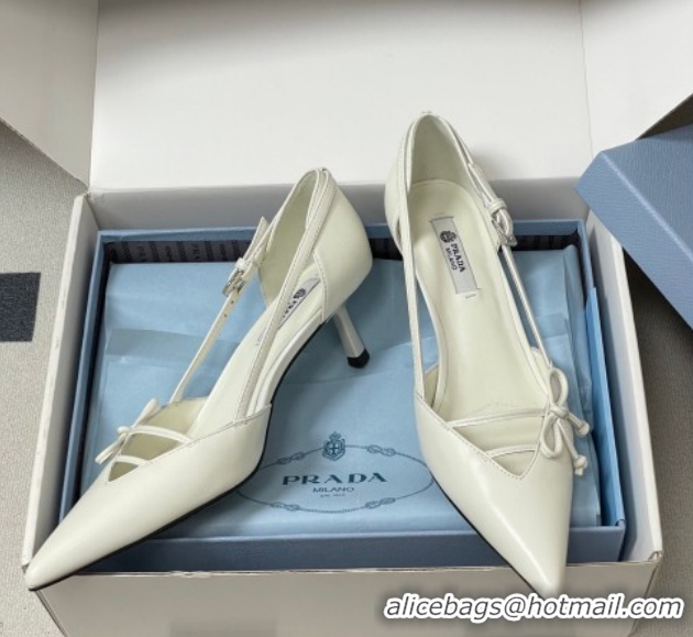 Purchase Prada Open-side Calf Leather Pumps 5.5cm with Bow Buckle White 1I442O 0227105