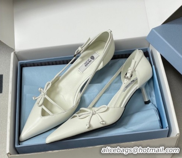 Purchase Prada Open-side Calf Leather Pumps 5.5cm with Bow Buckle White 1I442O 0227105