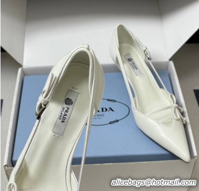 Purchase Prada Open-side Calf Leather Pumps 5.5cm with Bow Buckle White 1I442O 0227105
