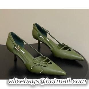 Low Price Prada Open-side Calf Leather Pumps 5.5cm with Bow Buckle Green 1I442O 0227106