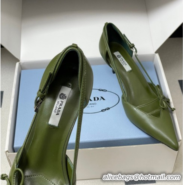 Low Price Prada Open-side Calf Leather Pumps 5.5cm with Bow Buckle Green 1I442O 0227106