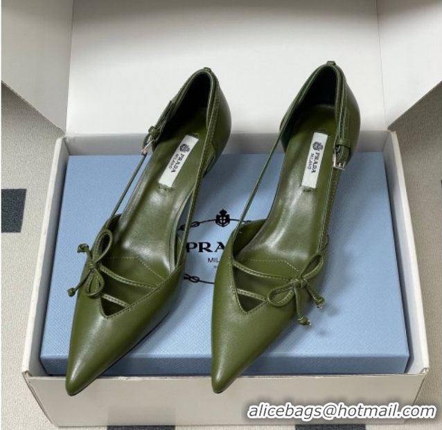 Low Price Prada Open-side Calf Leather Pumps 5.5cm with Bow Buckle Green 1I442O 0227106