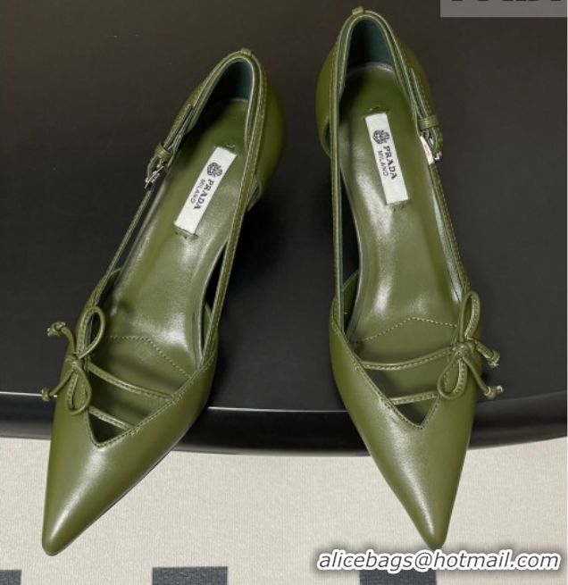 Low Price Prada Open-side Calf Leather Pumps 5.5cm with Bow Buckle Green 1I442O 0227106