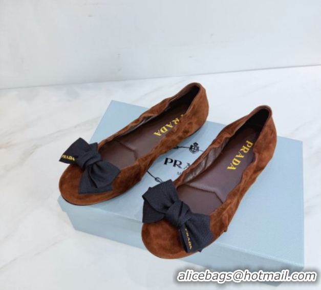 Top Grade Prada Suede ballerinas flat with bow Dark Brown 1F322O 0227115