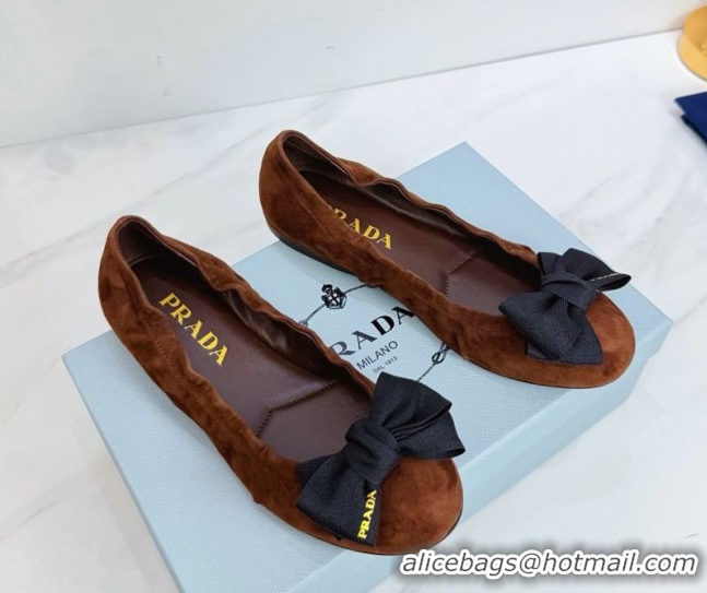 Top Grade Prada Suede ballerinas flat with bow Dark Brown 1F322O 0227115