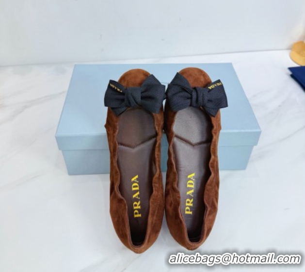 Top Grade Prada Suede ballerinas flat with bow Dark Brown 1F322O 0227115