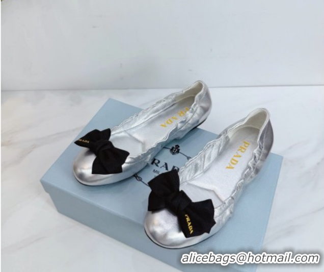 Best Grade Prada Nappa leather ballerinas flat with bow Silver 1F322O 0227119