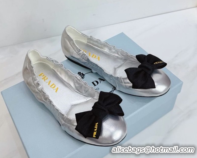 Best Grade Prada Nappa leather ballerinas flat with bow Silver 1F322O 0227119