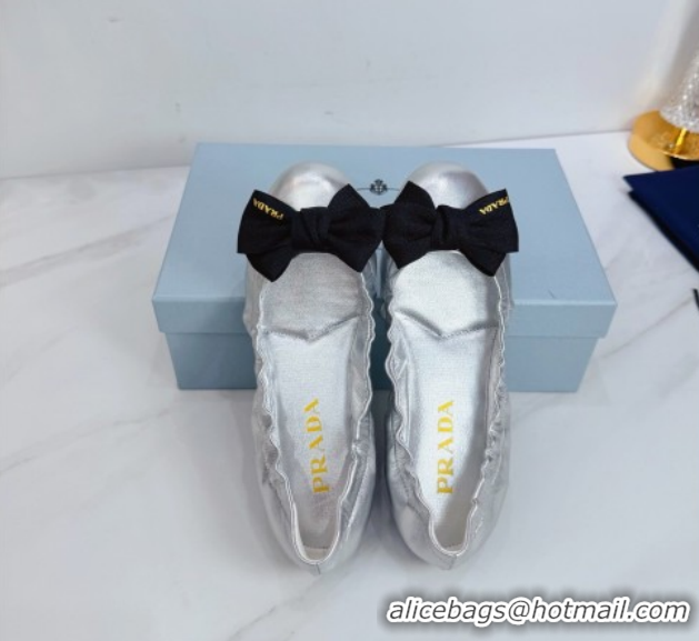 Best Grade Prada Nappa leather ballerinas flat with bow Silver 1F322O 0227119