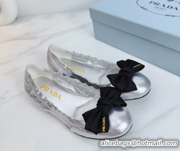 Best Grade Prada Nappa leather ballerinas flat with bow Silver 1F322O 0227119