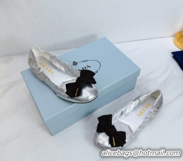 Best Grade Prada Nappa leather ballerinas flat with bow Silver 1F322O 0227119