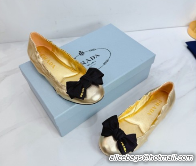 Pretty Style Prada Nappa leather ballerinas flat with bow Gold 1F322O 0227120