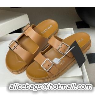 Shop Cheap Prada Leather Flat Slides Sandal with Double Buckle Brown PR022803 0228038